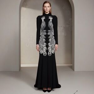 Andrew Gn Exclusive Black Long Sleeve Dress with White Peacock Design